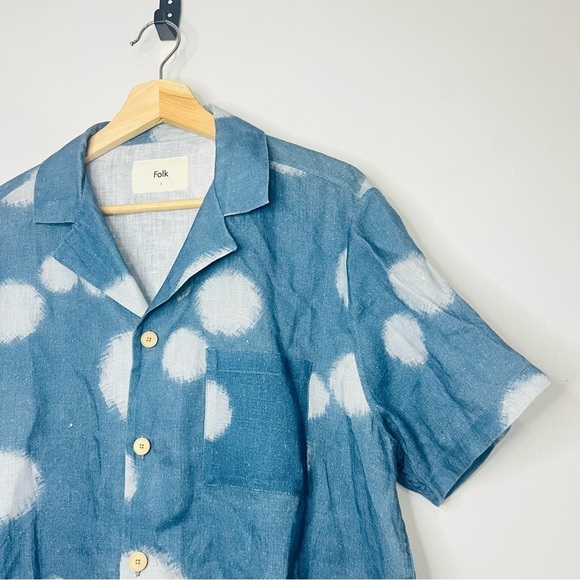 Folk Indigo Dot Soft Collar Linen Short Sleeve Button Up 3 Medium - Picture 5 of 8